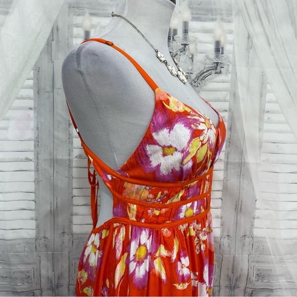 Free People Wisteria Maxi Dress Orange Floral Lightweight Open Back Sleeveless - Picture 10 of 14